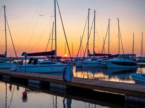 Dawn Landscape Quayside Jetty Full Sailing Yachts Calm Tranquil Serenity — 스톡 사진