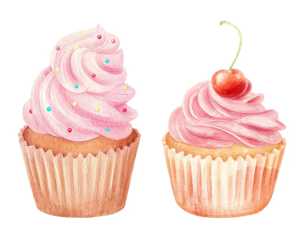 Ilustração Alimentos Dois Cupcakes Com Doces Coloridos Cereja Aquarela Isolados — Fotografia de Stock