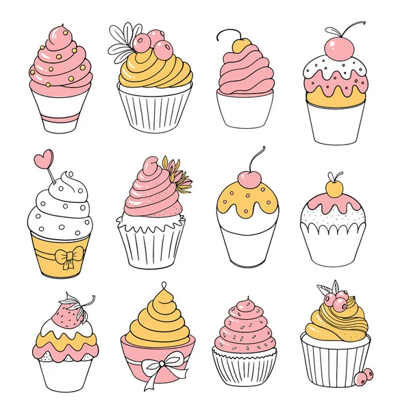 Conjunto Vectorial Lindos Cupcakes Colores Amarillo Rosa Boceto — Vector de stock