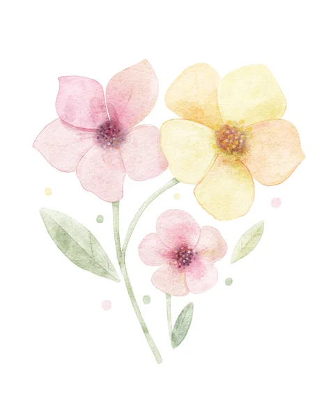 Akvarell Kézzel Rajzolt Illusztráció Három Aranyos Virágok Elszigetelt — Stock Fotó