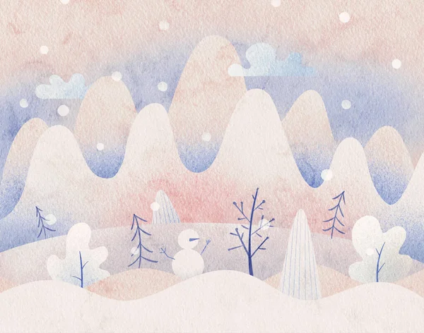 Ручной Рисунок Красивого Зимнего Пейзажа Горой Лесом Акварельный Фон Снегом — стоковое фото