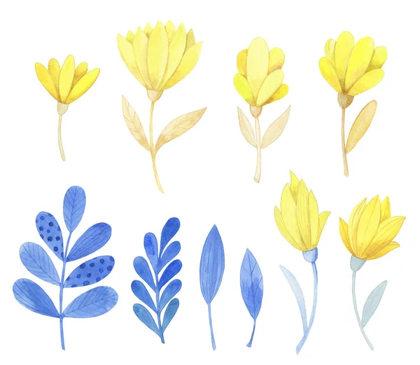 나뭇잎으로 이루어진 수채화 손으로 파란색 노란색의 요소들 — 스톡 사진