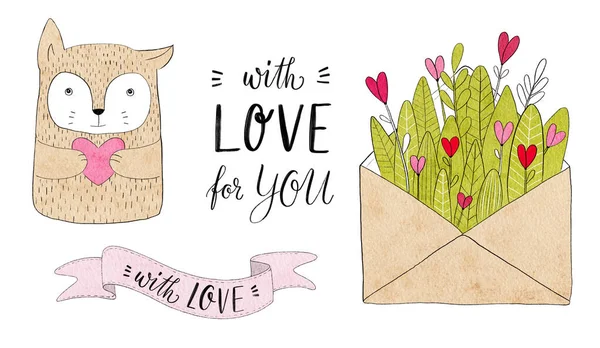 Colección Amor Día San Valentín Acuarela Ilustración Elementos Dibujados Mano —  Fotos de Stock