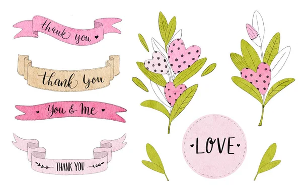 Kolekcja Miłości Ustaw Walentynki Ilustracja Akwareli Ręcznie Rysowanych Elementów Kwiatami — Zdjęcie stockowe