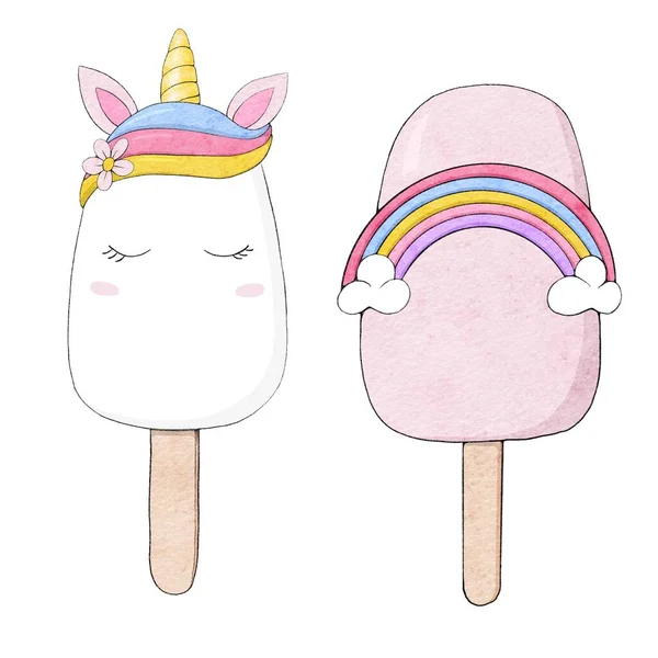 cute illustration of two cake pops, with rainbow and unicorn, sweet desserts