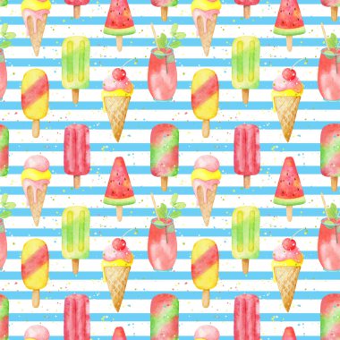 Dondurma, karpuz ve mavi çizgili tropikal kokteylli kusursuz suluboya deseni.