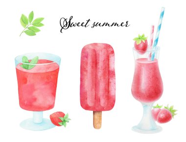 Bu suluboya resimde iki canlı çilek kokteyli ve eşleşen bir çilekli dondurma da dahil olmak üzere nefis bir yaz içeceği serisi yer alıyor..