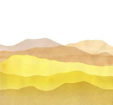 Soyut dağ manzarası, sarı suluboya ve beyaz arkaplanda kağıt dalgaları. 