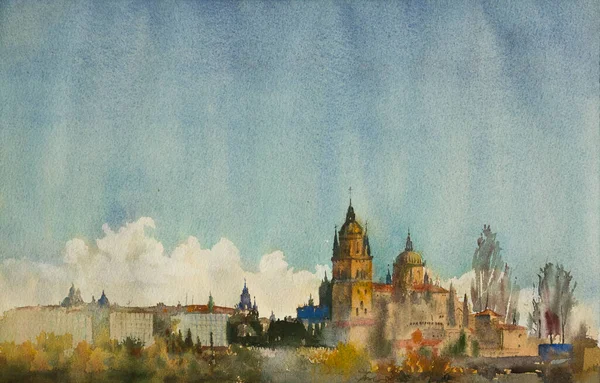Akvarel Malba Kostela Salamanca — Stock fotografie