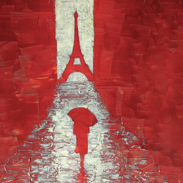 Kunstgemälde Einer Frau Die Unter Einem Regenschirm Zum Eiffelturm Läuft — Stockfoto