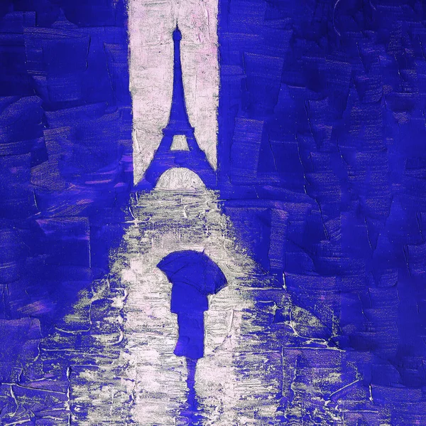 Kunstgemälde Einer Frau Die Unter Einem Regenschirm Zum Eiffelturm Läuft — Stockfoto