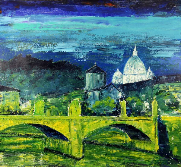意大利罗马梵蒂冈Tiber河和Ponte Vittorio Emanuele的Basilica Sant Pietro的艺术绘画 — 图库照片