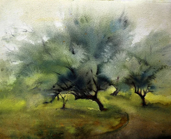 Malowany Akwarelą Krajobraz Drzewami — Zdjęcie stockowe