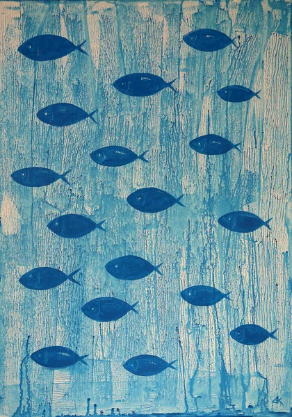 Abstract art painting of the blue fishes