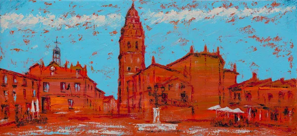 Kunstschildering Van Het Alaejos Spanje Main Square Het Stadhuis Kathedraal — Stockfoto