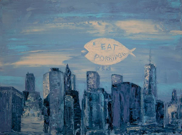 Abstract art painting of New York City towers with fish, eating little fish signed - Eat Porridge