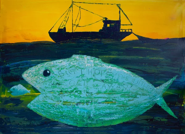 Arte Abstracto Pintura Los Peces Grandes Comer Peces Pequeños — Foto de Stock