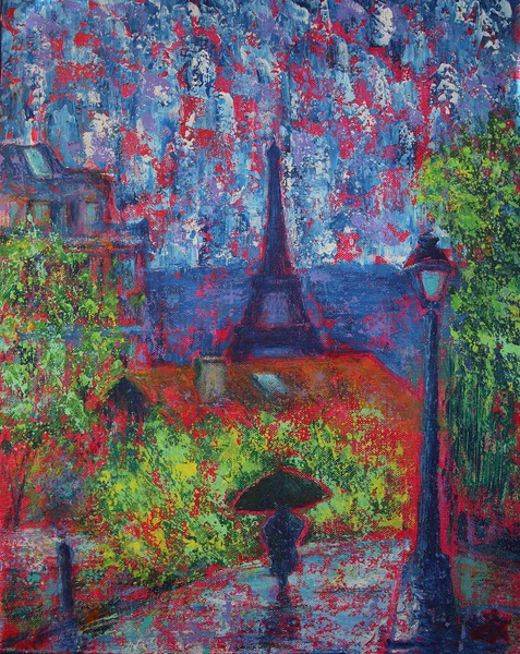 Art Painting Paris Street Eiffel Tower Stock Photo