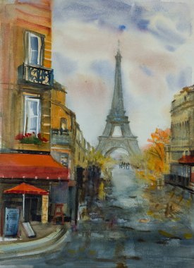 Paris Fransa Eifel Kulesi ve Paris Kafe ile suluboya resim