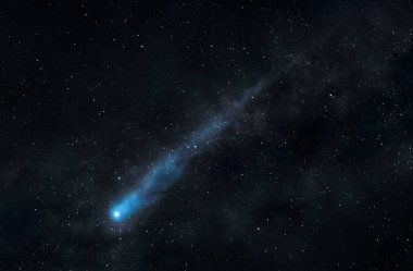 Yıldızlı gece gökyüzüne karşı parlayan mavi bir kuyruklu yıldızın tasviri