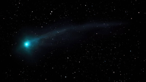 Illustration of a bright green comet flying in space