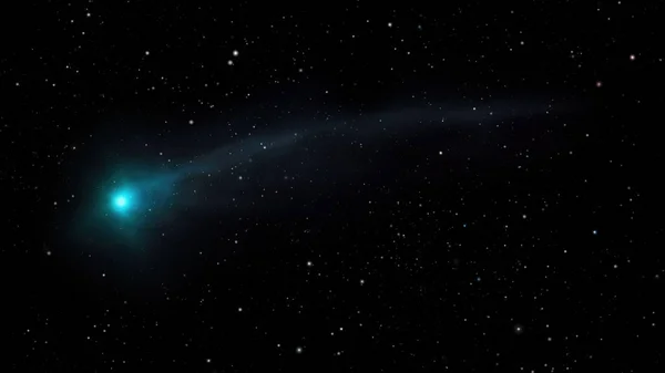明亮的绿色彗星在太空飞行的图解 图库图片