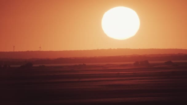 Grote Zon Bij Zonsondergang Met Windturbines — Stockvideo