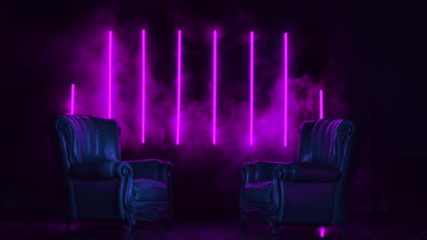 Twee Fauteuils Neon Gekleurd Licht — Stockvideo