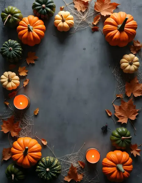 Sonbahar Cadılar Bayramı Flat Lay with Pumpkins, Candles, and Spider Webs on Dark Rustic Pground