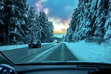 Seymour Dağları 'nın kayak yamaçlarına giden buzlu kış yolu karlı bir ormandan geçiyor, arabalar ve bir kar temizleme kamyonu yoldan ilerliyor, Mountain Seymour Provincial Park