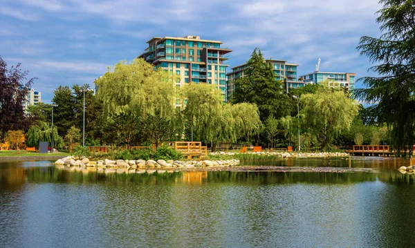 Schöner Sommertag Ein Teich Stadtpark Eine Holzbrücke Und Eine Promenade — Stockfoto
