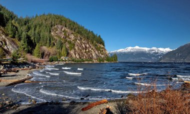 Porteau Cove Provincial Park, dalgalı bir körfez, kenarları orman yamaçları ve ufukta kar kaplı dağlar Britanya Kolumbiyası 'na karşı. Gürcistan Boğazı