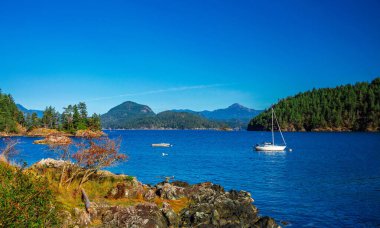 Vancouver Kanada, Bowen Adası. Tekne ve yat Sıradağları, mavi gökyüzü ve ormanlık Adaları çerçevede Kuzey Denizi'nin Bay  