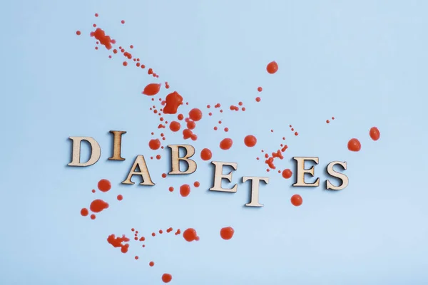 Word Diabetes Vércseppek Kék Alapon — Stock Fotó