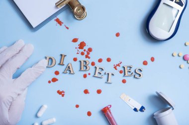 Mavi zemin üzerinde insülin şırınga, neşter, test, glikoz ölçer ile kelime DIABETES.