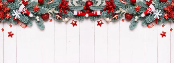 Kerst Banner Compositie Gemaakt Van Dennenboom Sterren Feestelijke Decoraties Bovenaanzicht — Stockfoto
