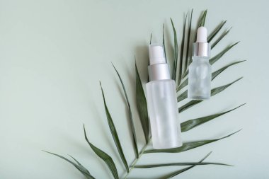 İki kozmetik şişesi ve avuç içi renkli arka planda üstten görünüyor. Minimalist yüz bakımı kavramı.