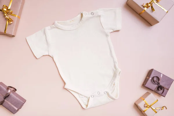 Baby Shirt Mockup Logo Text Design Beige Background Gift Boxes — Stock Photo, Image
