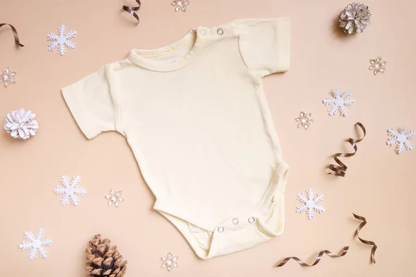 Baby Shirt Mockup Logo Text Design Beige Background Winter Decorations — Stock Photo, Image
