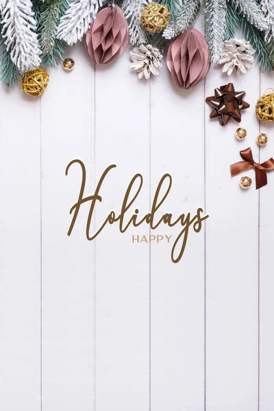 Happy Holidays Text Vertical Wooden Background Flat Lay Snow Pine — Stock Photo, Image