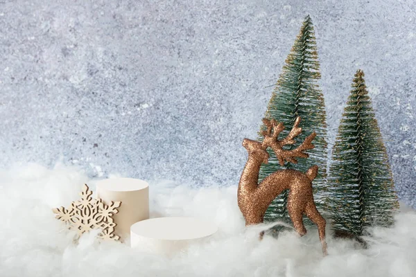 Podium Pedestal Deer Christmas Trees Snow Winter Holiday Mock High — Stock Photo, Image
