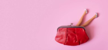 Cüzdanın üst kısmından sarkan gümüş ayakkabılı bebek bacakları. Yaratıcı kadın alışverişi veya finans konsepti.