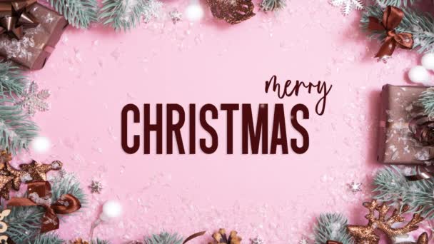Veselé Vánoce Text Vánoční Dekorace Sněhem Blikat Věnce Růžovém Pozadí — Stock video
