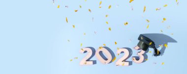 2023 sınıfı konsepti. Renkli arka planda siyah şapkalı 2023 numara..