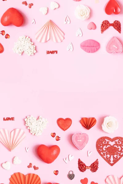 Wzór Różnych Serc Walentynek Symbole Elementów Widok Góry Kreatywne Walentynki — Zdjęcie stockowe