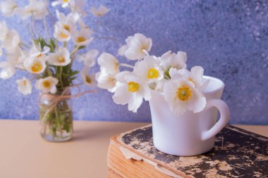Anemones flower bouquet in a cup and vinage book. Spring, Mother's Day or March 8 still life composition.
