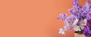 Lilac and anemones flower bouquet. Blank greeting card for spring holidays, Mother's Day or March 8.