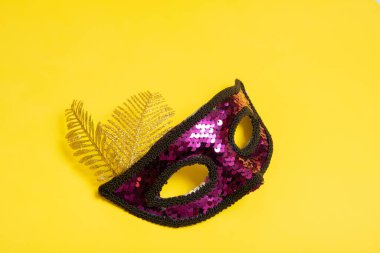 Festive face mask for carnival or masquerade celebration on colored background.