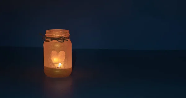 Glass Jar Candle Flame Shape Heart Dark — 图库照片