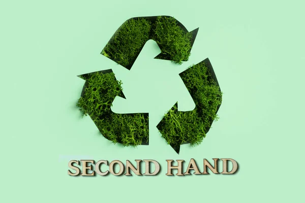 Second Hand Text Green Moss Paper Cut Recycling Symbol Planet — Zdjęcie stockowe